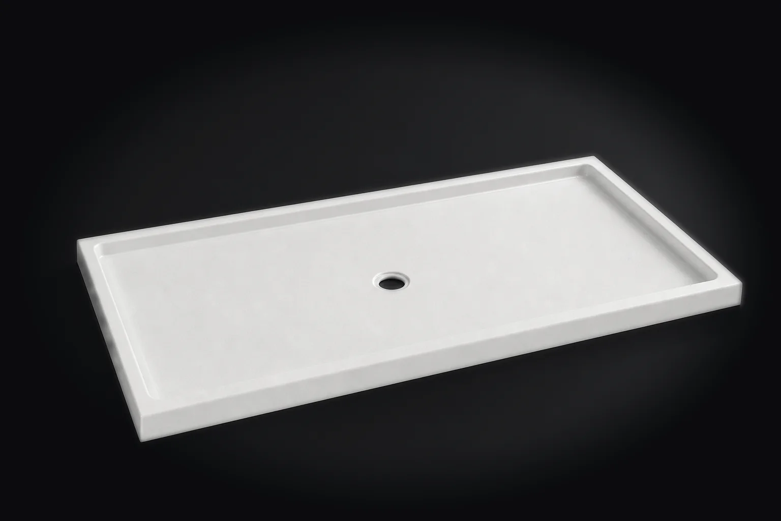 ARSTAR one-piece cultured marble shower pan with center drain, lit in a dark studio