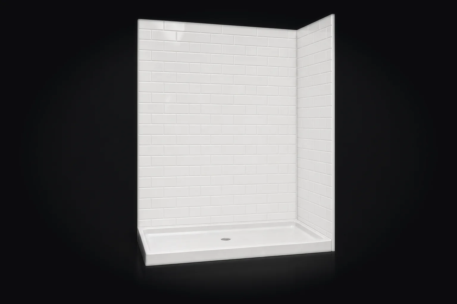 ARSTAR cultured marble shower system — brick wall panel and one-piece shower pan, lit in a dark studio