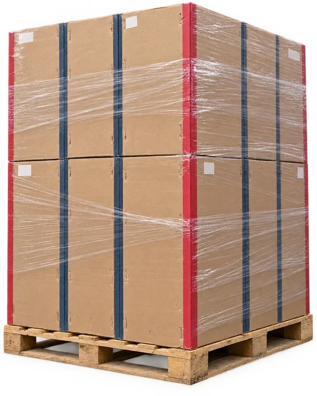 Full Box: Fully enclosed box, labeled by size, palletized.