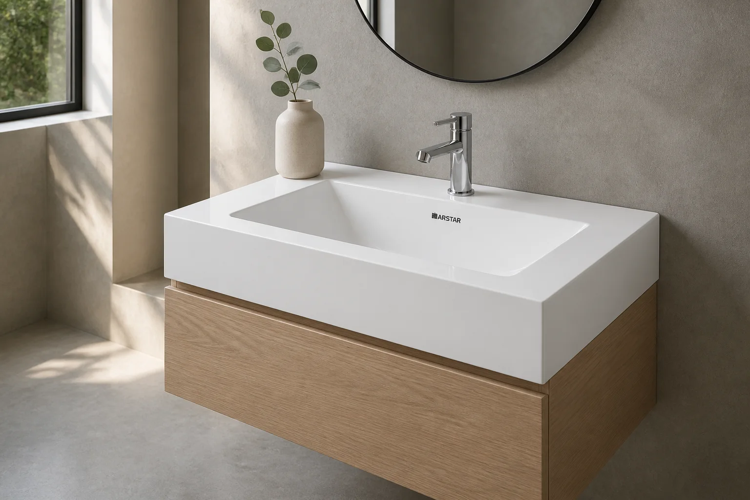Alexa vanity top installed in a minimalist bathroom with a single-hole deck-mounted faucet