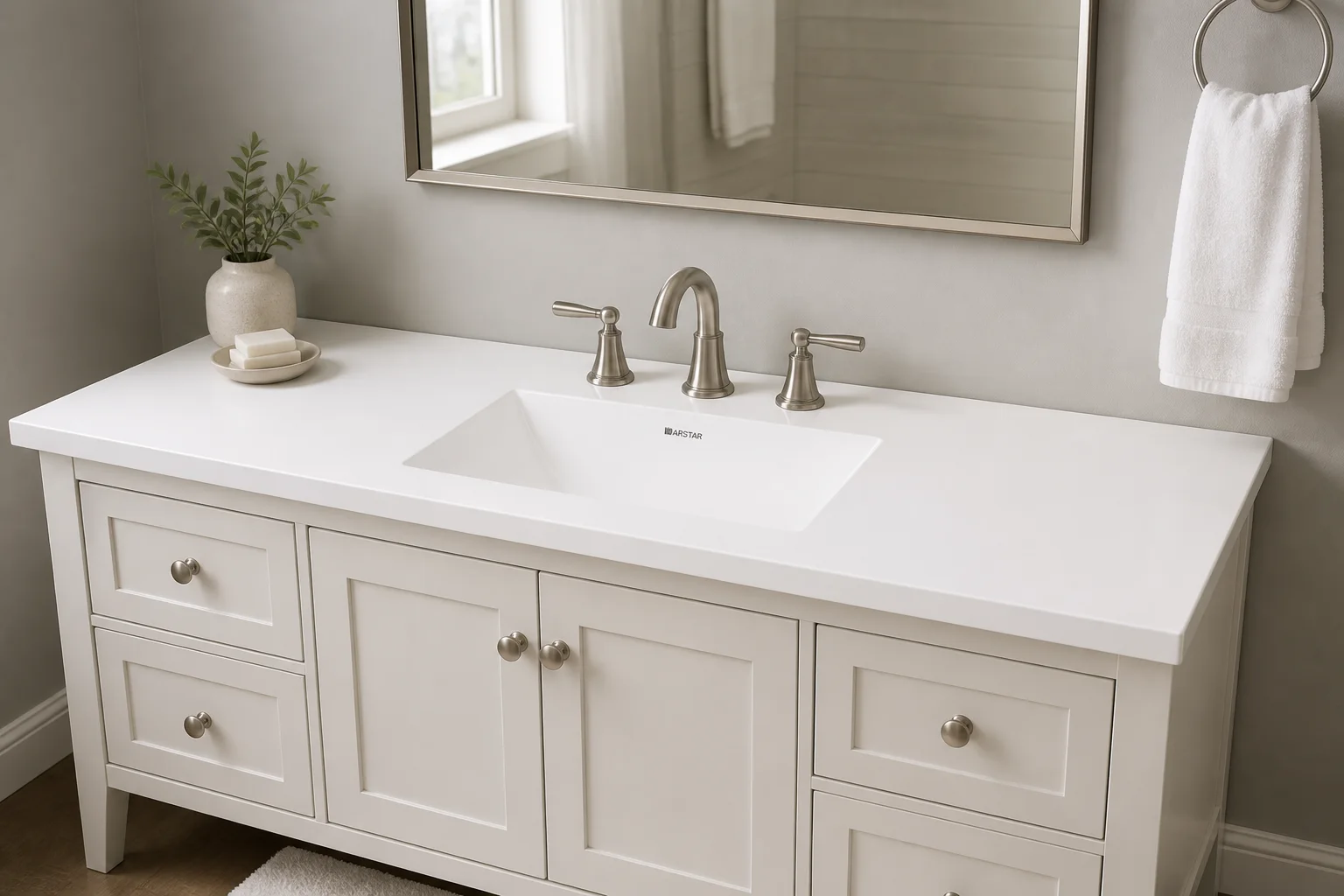 Capri vanity top installed on a traditional American vanity