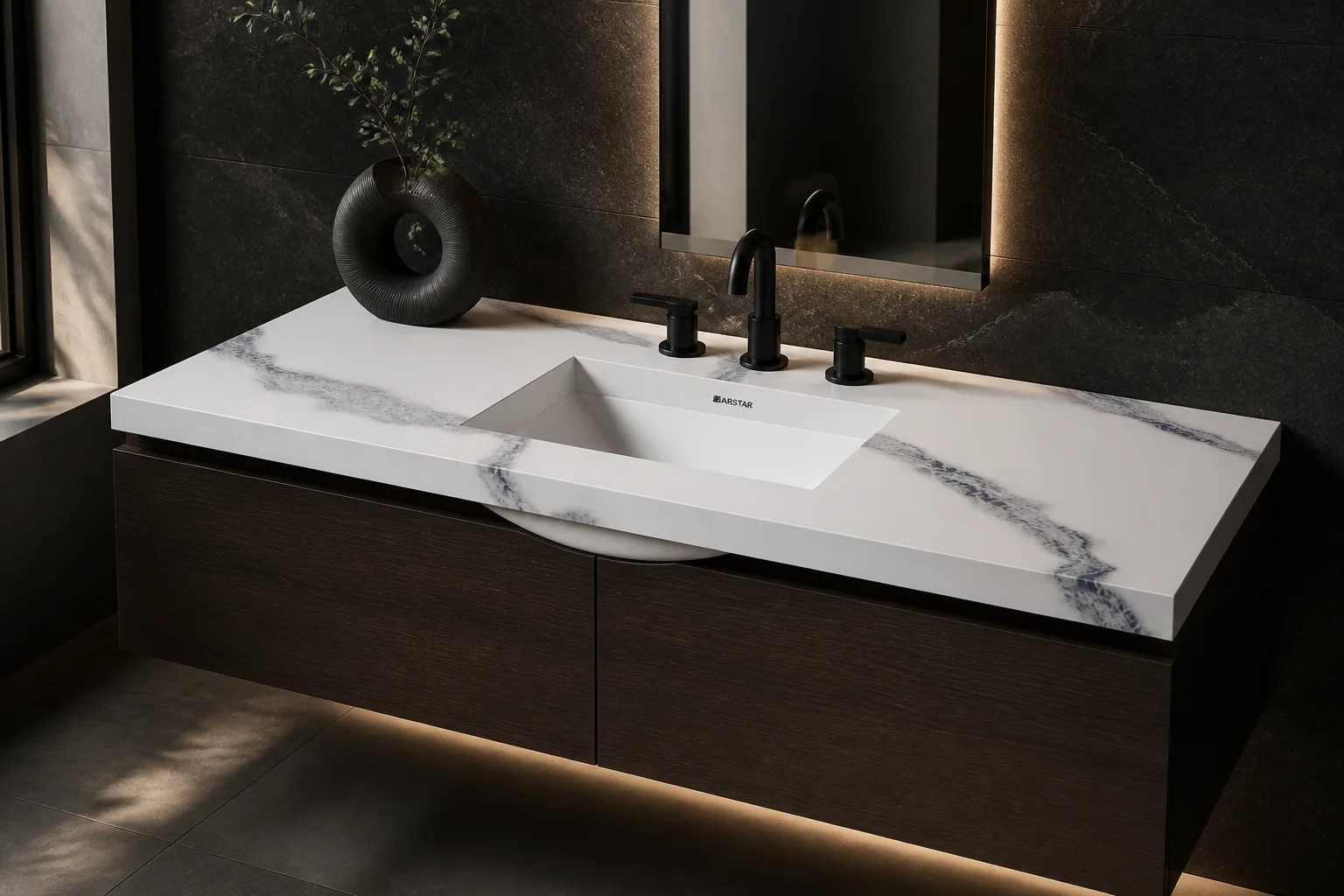 Carmina vanity top installed on a warm luxury vanity with brass fittings