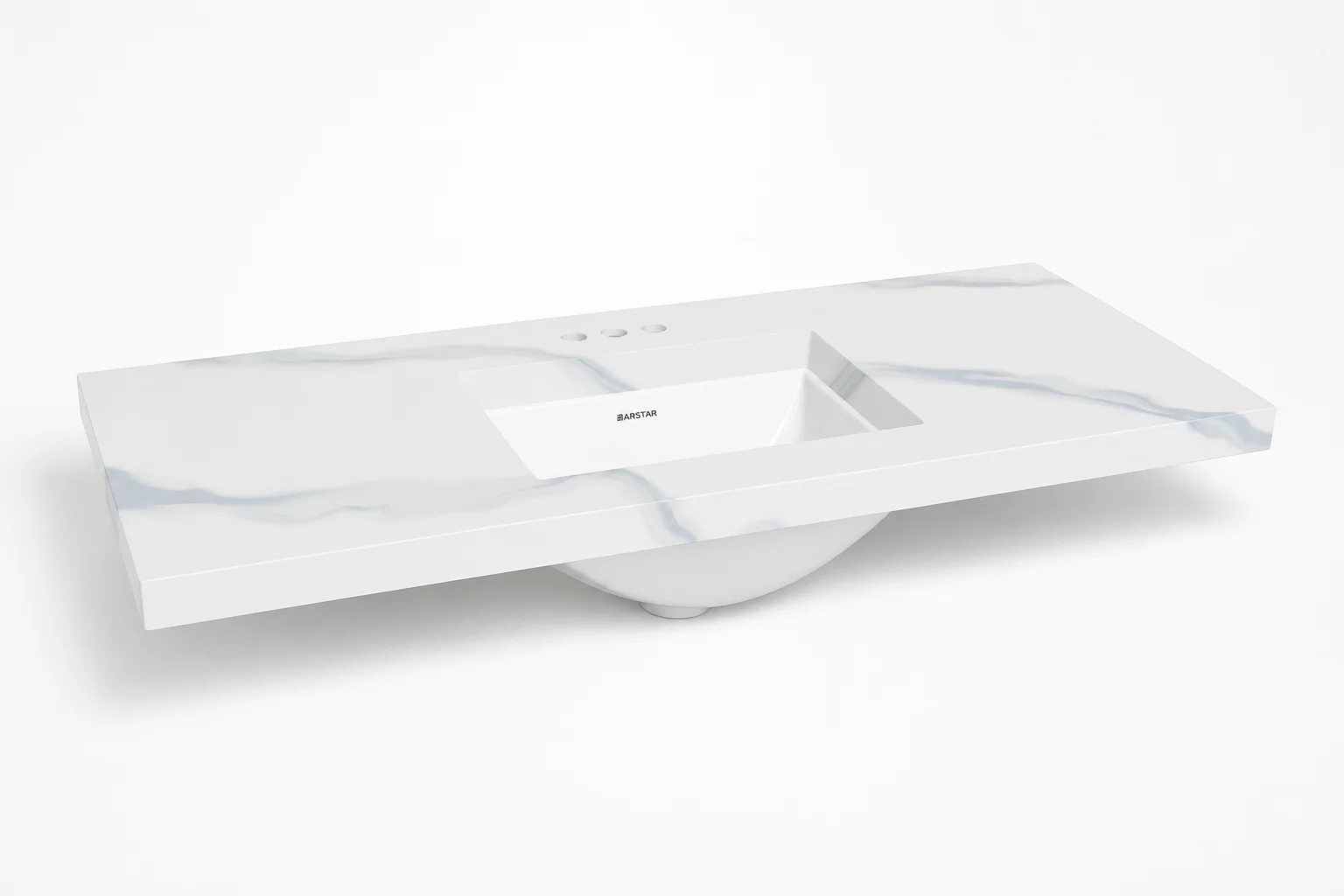 Carmina cultured marble vanity top — 3/4 view, Carrara White deck with white wave undermount bowl, 49"