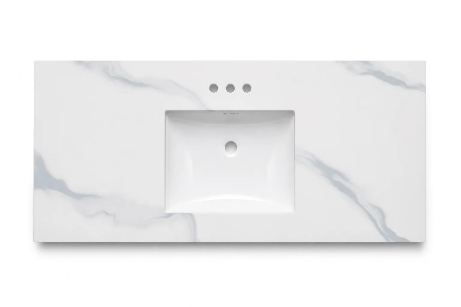 Carmina cultured marble vanity top — close view of the front corner, Carrara White gel coat