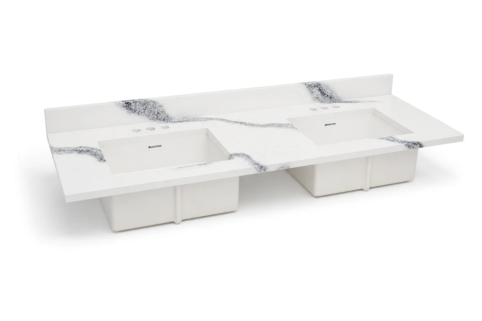 Charlotte cultured marble vanity top — 3/4 view, Carrara Black double bowl, 61"