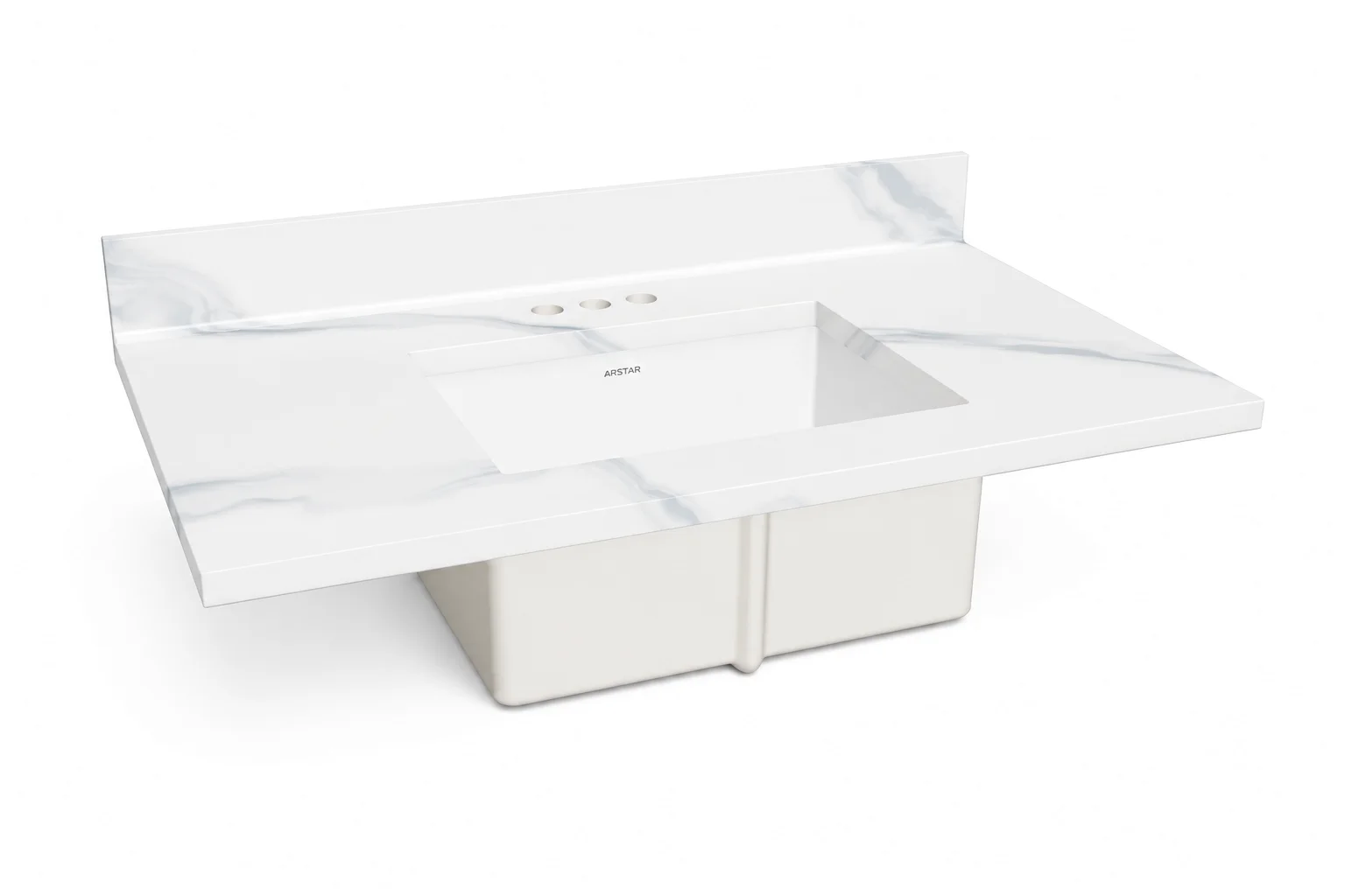 Charlotte cultured marble vanity top — 3/4 view, Carrara White deck with white square undermount bowl, 37"