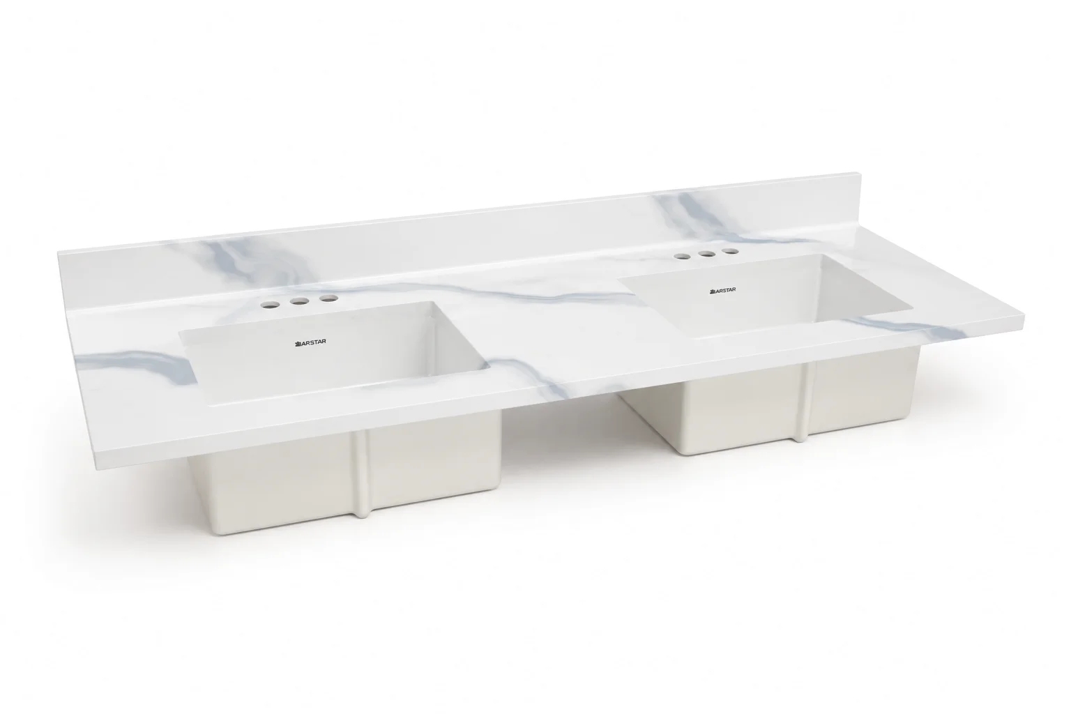 Charlotte cultured marble vanity top — 3/4 view, Carrara White double bowl, 61"