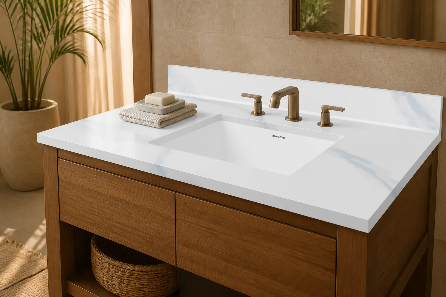 Charlotte vanity top installed on a floating walnut vanity in a penthouse bathroom