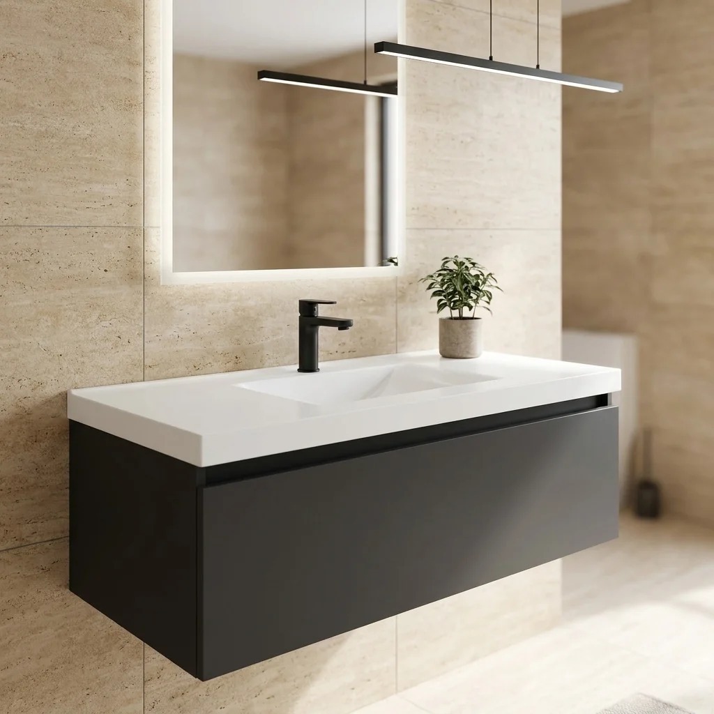 Contempo No Backsplash vanity top installed on a bathroom vanity