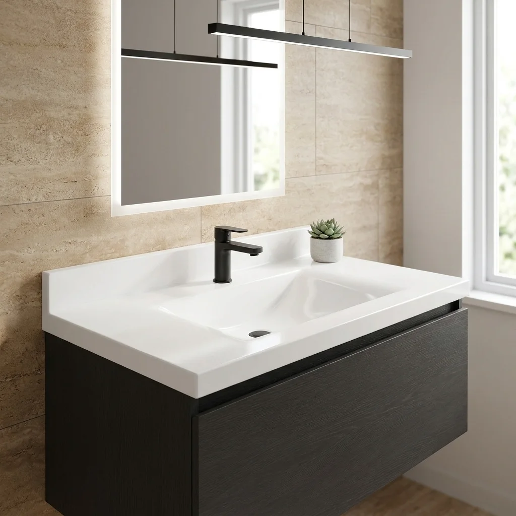 Contempo vanity top installed on a bathroom vanity