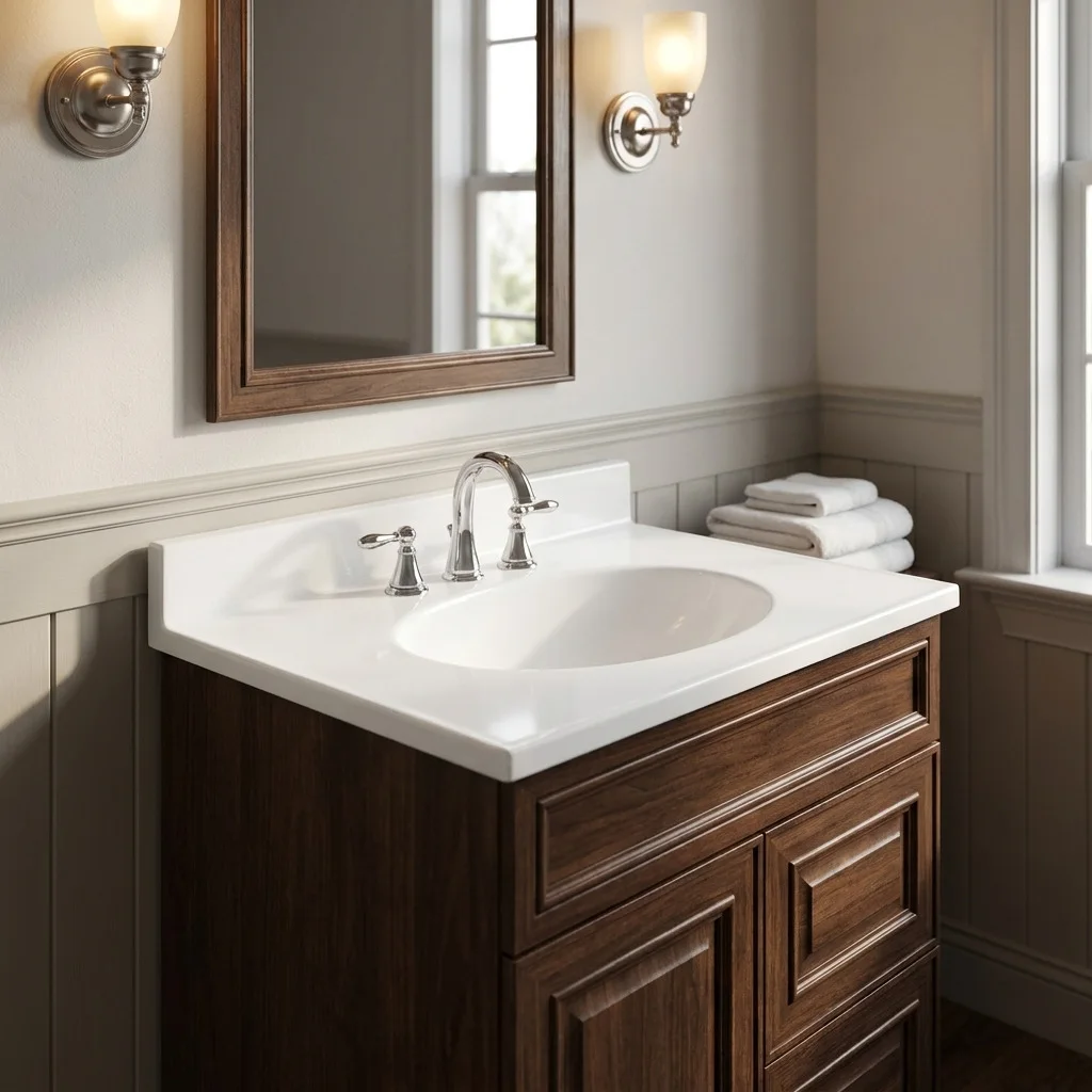 Oval 19 vanity top installed on a classic wood vanity