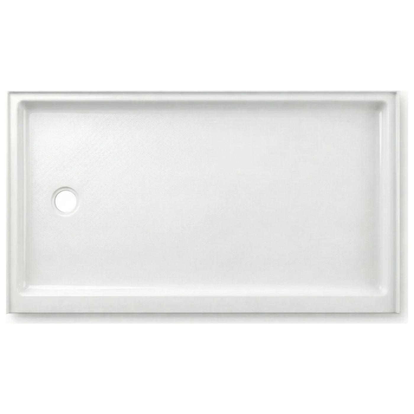 30″×60″ cultured marble shower pan — left drain, top view