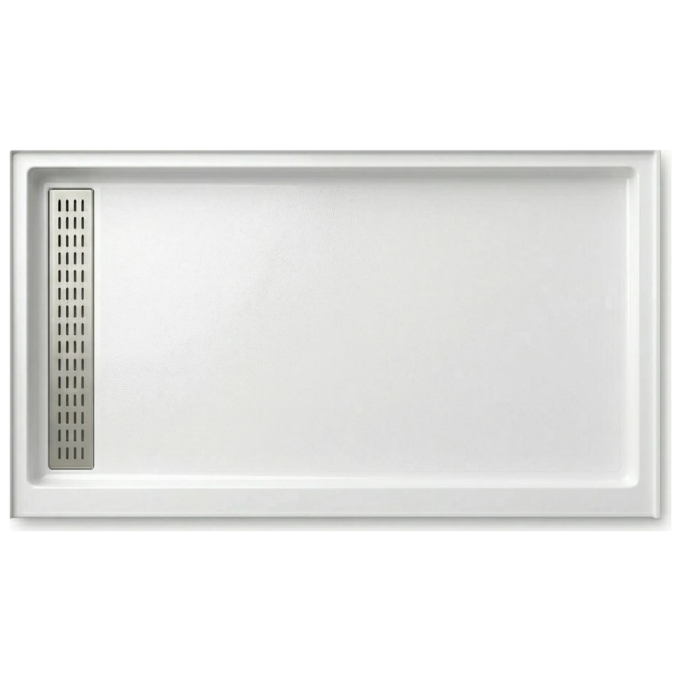 30″×60″ cultured marble shower pan — left trench drain, top view