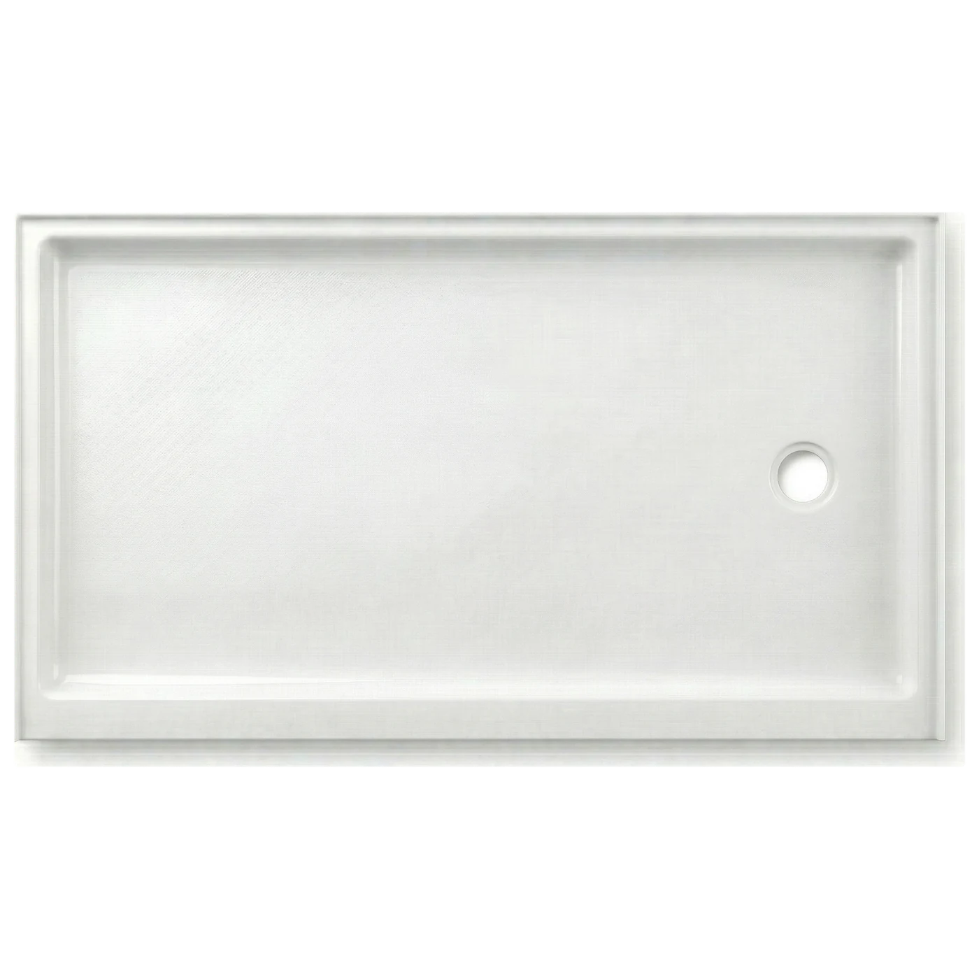 30″×60″ cultured marble shower pan — right drain, top view