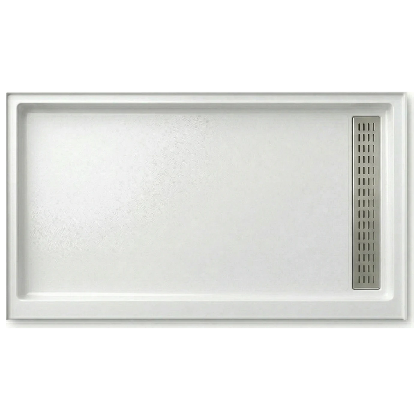 30″×60″ cultured marble shower pan — right trench drain, top view